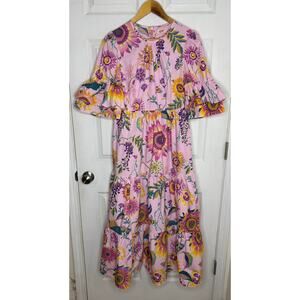 Banjanan Women’s Medium Dress Maxi Tiered Ruffle Sleeve 100% Cotton Floral